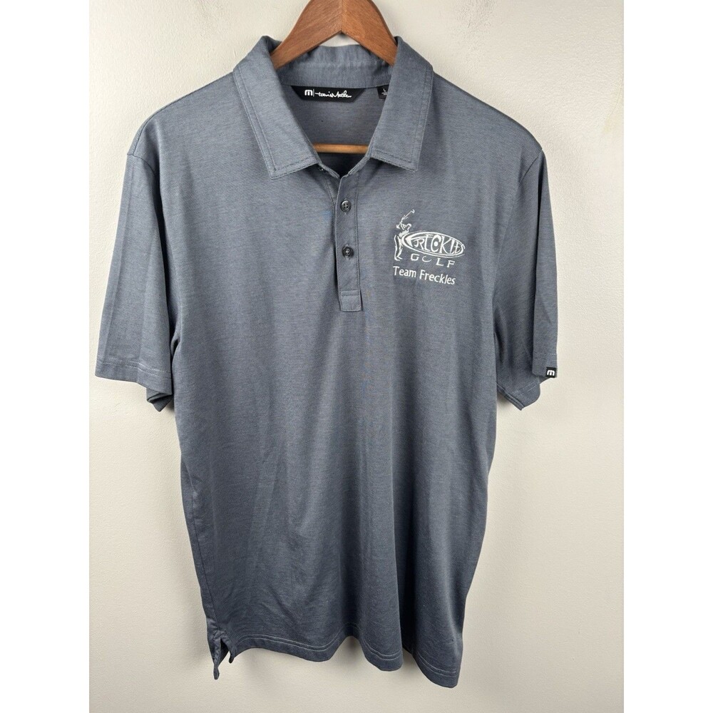 Travis Mathew Large Blue Grey Golf Short Sleeve Shirt Polo Stretch Freckles Logo